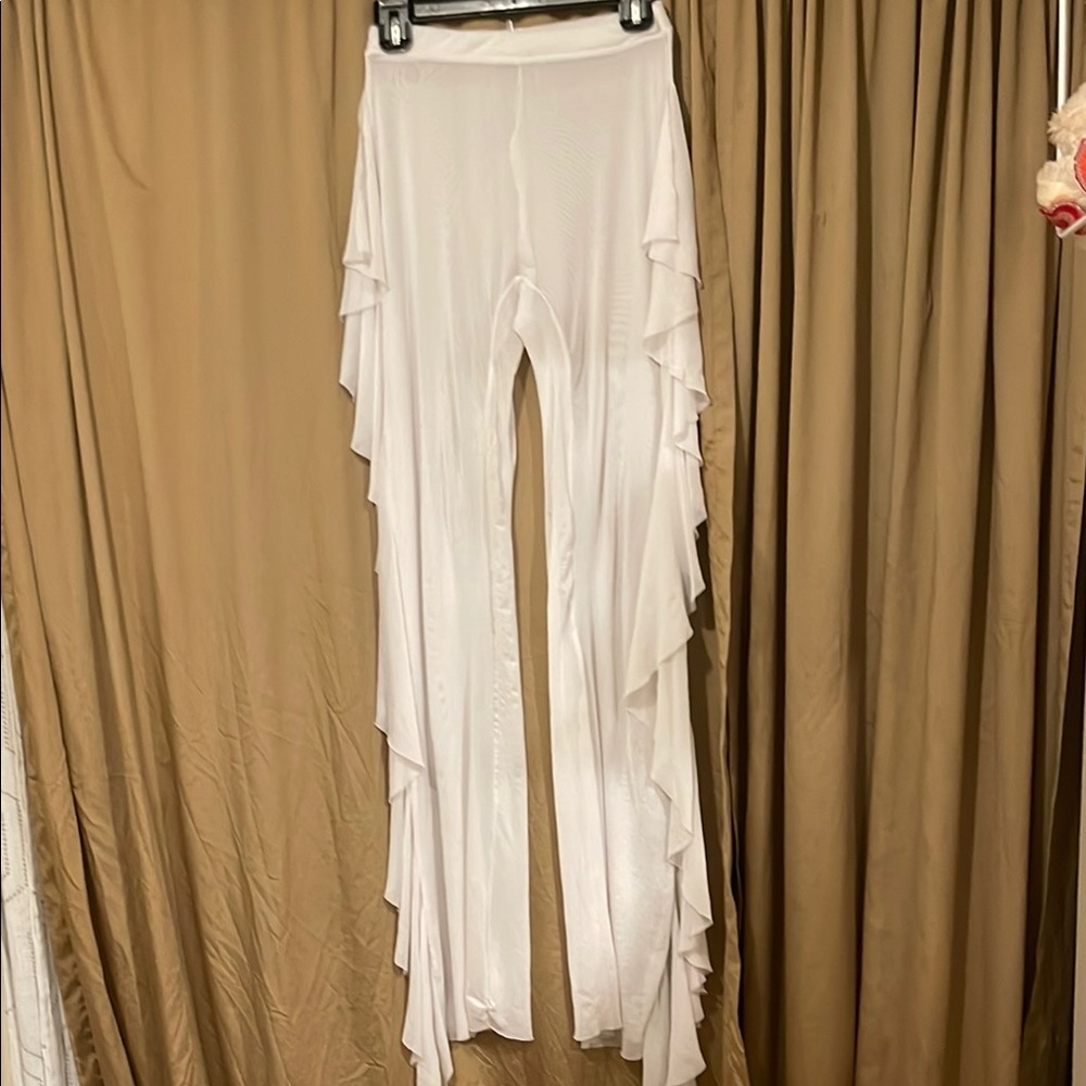Women’s L Elegant White Ruffle Swim Coverup Pants REFER 2 PICS 4 SLIGHT STRETCH